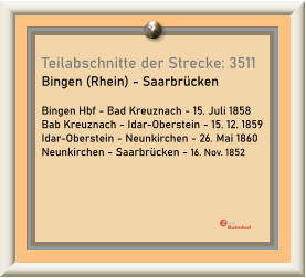 Teilabschnitte der Strecke: 3511 Bingen (Rhein) - Saarbrücken  Bingen Hbf - Bad Kreuznach - 15. Juli 1858 Bab Kreuznach - Idar-Oberstein - 15. 12. 1859 Idar-Oberstein - Neunkirchen - 26. Mai 1860 Neunkirchen - Saarbrücken - 16. Nov. 1852