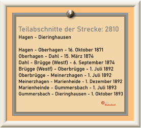 Teilabschnitte der Strecke: 2810 Hagen - Dieringhausen  Hagen - Oberhagen - 16. Oktober 1871 Oberhagen - Dahl - 15. März 1874 Dahl - Brügge (Westf) - 6. September 1874 Brügge (Westf) - Oberbrügge - 1. Juli 1892 Oberbrügge - Meinerzhagen - 1. Juli 1892 Meinerzhagen - Marienheide - 1. Dezember 1892 Marienheinde - Gummersbach - 1. Juli 1893 Gummersbach - Dieringhausen - 1. Oktober 1893