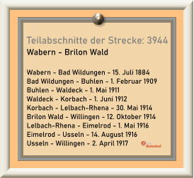 Teilabschnitte der Strecke: 3944 Wabern - Brilon Wald  Wabern - Bad Wildungen - 15. Juli 1884 Bad Wildungen - Buhlen - 1. Februar 1909 Buhlen - Waldeck - 1. Mai 1911 Waldeck - Korbach - 1. Juni 1912 Korbach - Lelbach-Rhena - 30. Mai 1914 Brilon Wald - Willingen - 12. Oktober 1914 Lelbach-Rhena - Eimelrod - 1. Mai 1916 Eimelrod - Usseln - 14. August 1916 Usseln - Willingen - 2. April 1917