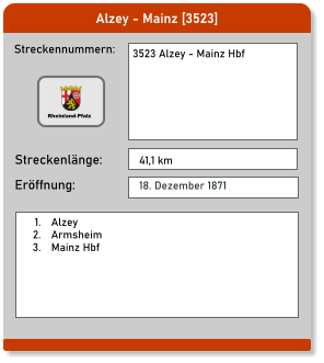 Alzey - Mainz [3523] Streckennummern: Streckenlänge: 3523 Alzey - Mainz Hbf   41,1 km Eröffnung: 18. Dezember 1871 	1.	Alzey 	2.	Armsheim 	3.	Mainz Hbf  Rheinland-Pfalz