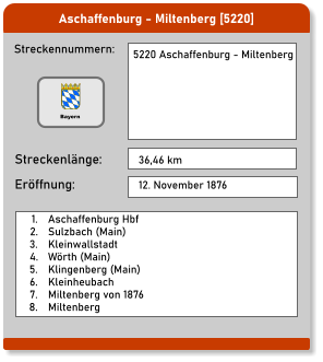 Aschaffenburg - Miltenberg [5220] Streckennummern: Streckenlänge: 5220 Aschaffenburg - Miltenberg  36,46 km Eröffnung: 12. November 1876  	1.	Aschaffenburg Hbf 	2.	Sulzbach (Main) 	3.	Kleinwallstadt 	4.	Wörth (Main) 	5.	Klingenberg (Main) 	6.	Kleinheubach 	7.	Miltenberg von 1876 	8.	Miltenberg Bayern