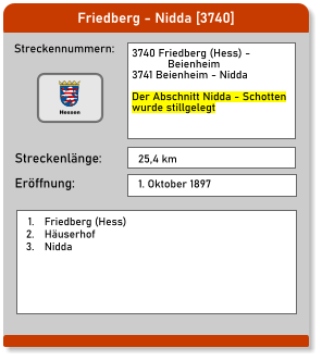 Friedberg - Nidda [3740] Streckennummern: Streckenlänge: 3740 Friedberg (Hess) -                Beienheim 3741 Beienheim - Nidda  Der Abschnitt Nidda - Schotten wurde stillgelegt  25,4 km Eröffnung: 1. Oktober 1897   	1.	Friedberg (Hess) 	2.	Häuserhof 	3.	Nidda Hessen