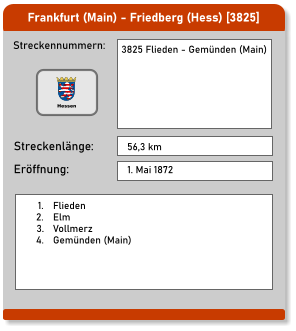 Frankfurt (Main) - Friedberg (Hess) [3825]  Streckennummern: Streckenlänge: 3825 Flieden - Gemünden (Main) 56,3 km Eröffnung: 1. Mai 1872 	1.	Flieden 	2.	Elm 	3.	Vollmerz 	4.	Gemünden (Main)   Hessen