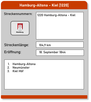 Hamburg-Altona - Kiel [1220] Streckennummern: Streckenlänge: 1220 Hamburg-Altona - Kiel 104,9 km Eröffnung: 18. September 1844 	1.	Hamburg-Altona 	2.	Neumünster 	3.	Kiel Hbf Hamburg