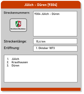 Jülich - Düren [9304] Streckennummern: Streckenlänge: 9304 Jülich - Düren  15,4 km Eröffnung: 1. Oktober 1873 	1.	Jülich 	2.	Krauthausen 	3.	Düren Nordrhein-Westfalen
