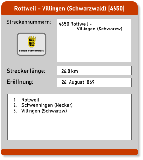Rottweil - Villingen (Schwarzwald) [4650]  Streckennummern: Streckenlänge: 4650 Rottweil -                Villingen (Schwarzw) 26,8 km Eröffnung: 26. August 1869 	1.	Rottweil 	2.	Schwenningen (Neckar) 	3.	Villingen (Schwarzw) Baden-Württemberg