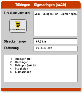 Tübingen - Sigmaringen [4630] Streckennummern: Streckenlänge: 4630 Tübingen Hbf - Sigmaringen  87,5 km Eröffnung: 29. Juni 1869 	1.	Tübingen Hbf 	2.	Hechingen 	3.	Balingen (Württ) 	4.	Inzigkofen 	5.	Sigmaringen  Baden-Württemberg