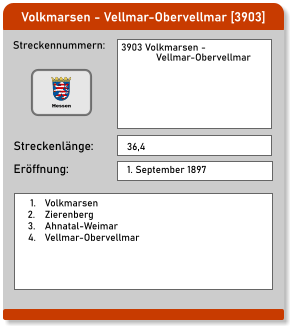 Volkmarsen - Vellmar-Obervellmar [3903] Streckennummern: Streckenlänge: 3903 Volkmarsen -               Vellmar-Obervellmar  36,4 Eröffnung: 1. September 1897 	1.	Volkmarsen 	2.	Zierenberg 	3.	Ahnatal-Weimar 	4.	Vellmar-Obervellmar Hessen