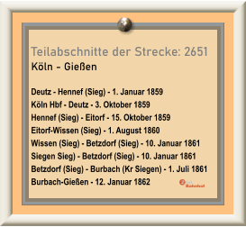Teilabschnitte der Strecke: 2651  Köln - Gießen  Deutz - Hennef (Sieg) - 1. Januar 1859 Köln Hbf - Deutz - 3. Oktober 1859 Hennef (Sieg) - Eitorf - 15. Oktober 1859 Eitorf-Wissen (Sieg) - 1. August 1860 Wissen (Sieg) - Betzdorf (Sieg) - 10. Januar 1861 Siegen Sieg) - Betzdorf (Sieg) - 10. Januar 1861 Betzdorf (Sieg) - Burbach (Kr Siegen) - 1. Juli 1861 Burbach-Gießen - 12. Januar 1862