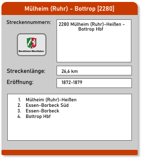 Mülheim (Ruhr) - Bottrop [2280]  Streckennummern: Streckenlänge: 2280 Mülheim (Ruhr)-Heißen -  Bottrop Hbf   26,6 km Eröffnung: 1872-1879 	1.	Mülheim (Ruhr)-Heißen 	2.	Essen-Borbeck Süd 	3.	Essen-Borbeck 	4.	Bottrop Hbf Nordrhein-Westfalen