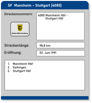 SF  Mannheim - Stuttgart [4080] Streckennummern: Streckenlänge: 4080 Mannheim Hbf -           Stuttgart Hbf  98,8 km Eröffnung: 02. Juni 1991 	1.	Mannheim Hbf 	2.	Vaihingen 	3.	Stuttgart Hbf Baden-Württemberg