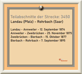 Teilabschnitte der Strecke: 3450 Landau (Pfalz) - Rohrbach (Saar)  Landau - Annweiler - 12. September 1874 Annweiler - Zweibrücken - 25. November 1875 Zweibrücken - Bierbach - 15. Oktober 1877 Bierbach - Rohrbach - 7. September 1895