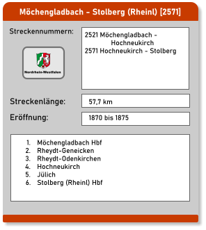 Möchengladbach - Stolberg (Rheinl) [2571]  Streckennummern: Streckenlänge: 2521 Möchengladbach - Hochneukirch 2571 Hochneukirch - Stolberg   57,7 km Eröffnung: 1870 bis 1875 	1.	Möchengladbach Hbf 	2.	Rheydt-Geneicken 	3.	Rheydt-Odenkirchen 	4.	Hochneukirch 	5.	Jülich 	6.	Stolberg (Rheinl) Hbf Nordrhein-Westfalen