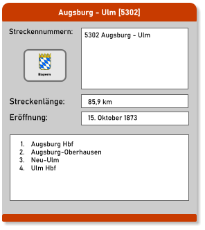 Augsburg - Ulm [5302] Streckennummern: Streckenlänge: 5302 Augsburg - Ulm  85,9 km Eröffnung: 15. Oktober 1873  	1.	Augsburg Hbf 	2.	Augsburg-Oberhausen 	3.	Neu-Ulm 	4.	Ulm Hbf Bayern