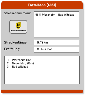 Enztalbahn [4851] Streckennummern: Streckenlänge: 5841 Pforzheim - Bad Wildbad 19,76 km Eröffnung: 11. Juni 1868 	1.	Pforzheim Hbf 	2.	Neuenbürg (Enz) 	3.	Bad Wildbad Baden-Württemberg