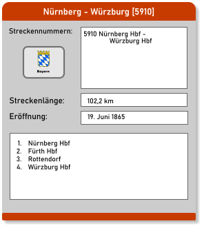 Nürnberg - Würzburg [5910] Streckennummern: Streckenlänge: 5910 Nürnberg Hbf -  Würzburg Hbf  102,2 km Eröffnung: 19. Juni 1865 	1.	Nürnberg Hbf 	2.	Fürth Hbf 	3.	Rottendorf 	4.	Würzburg Hbf Bayern