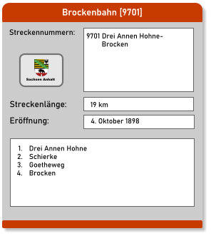 Brockenbahn [9701] Streckennummern: Streckenlänge: 9701 Drei Annen Hohne-         Brocken  19 km Eröffnung: 4. Oktober 1898 	1.	Drei Annen Hohne 	2.	Schierke 	3.	Goetheweg 	4.	Brocken Sachsen Anhalt