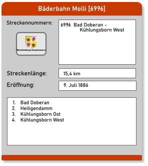 Bäderbahn Molli [6996] Streckennummern: Streckenlänge: 6996  Bad Doberan -                Kühlungsborn West  15,4 km Eröffnung: 9. Juli 1886   	1.	Bad Doberan 	2.	Heiligendamm 	3.	Kühlungsborn Ost 	4.	Kühlungsborn West Mecklenburg-Vorpommern