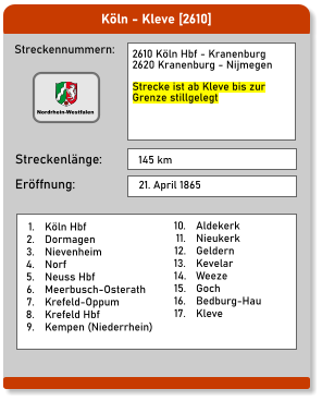 Köln - Kleve [2610] Streckennummern: Streckenlänge: 2610 Köln Hbf - Kranenburg 2620 Kranenburg - Nijmegen  Strecke ist ab Kleve bis zur Grenze stillgelegt  145 km Eröffnung: 21. April 1865 	1.	Köln Hbf 	2.	Dormagen 	3.	Nievenheim 	4.	Norf 	5.	Neuss Hbf 	6.	Meerbusch-Osterath 	7.	Krefeld-Oppum 	8.	Krefeld Hbf 	9.	Kempen (Niederrhein) 	10.	Aldekerk 	11.	Nieukerk 	12.	Geldern 	13.	Kevelar 	14.	Weeze 	15.	Goch 	16.	Bedburg-Hau 	17.	Kleve  Nordrhein-Westfalen
