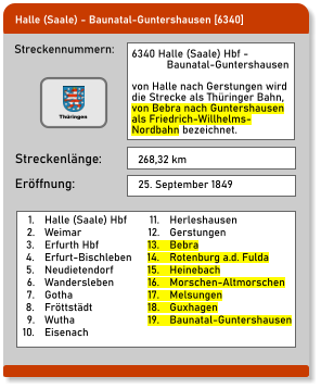 Halle (Saale) - Baunatal-Guntershausen [6340] Streckennummern: Streckenlänge: 6340 Halle (Saale) Hbf -              Baunatal-Guntershausen  von Halle nach Gerstungen wird die Strecke als Thüringer Bahn, von Bebra nach Guntershausen als Friedrich-Willhelms-Nordbahn bezeichnet.  268,32 km Eröffnung: 25. September 1849 	1.	Halle (Saale) Hbf 	2.	Weimar 	3.	Erfurth Hbf 	4.	Erfurt-Bischleben 	5.	Neudietendorf 	6.	Wandersleben 	7.	Gotha 	8.	Fröttstädt 	9.	Wutha 	10.	Eisenach 	11.	Herleshausen 	12.	Gerstungen 	13.	Bebra 	14.	Rotenburg a.d. Fulda 	15.	Heinebach 	16.	Morschen-Altmorschen 	17.	Melsungen 	18.	Guxhagen 	19.	Baunatal-Guntershausen  Thüringen