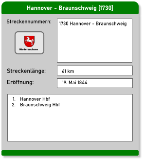 Hannover - Braunschweig [1730] Streckennummern: Streckenlänge: 1730 Hannover - Braunschweig  61 km Eröffnung: 19. Mai 1844  	1.	Hannover Hbf 	2.	Braunschweig Hbf Niedersachsen