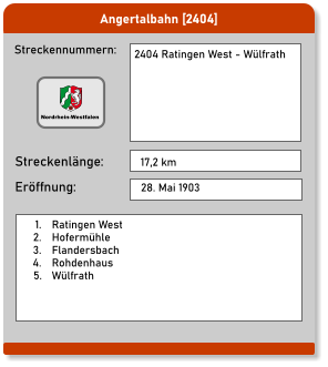 Angertalbahn [2404] Streckennummern: Streckenlänge: 2404 Ratingen West - Wülfrath   17,2 km Eröffnung: 28. Mai 1903 	1.	Ratingen West 	2.	Hofermühle 	3.	Flandersbach 	4.	Rohdenhaus 	5.	Wülfrath  Nordrhein-Westfalen