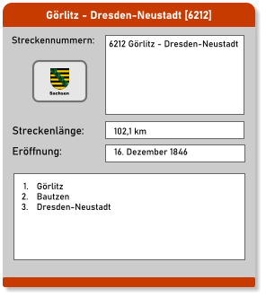 Görlitz - Dresden-Neustadt [6212] Streckennummern: Streckenlänge: 6212 Görlitz - Dresden-Neustadt  102,1 km Eröffnung: 16. Dezember 1846 	1.	Görlitz 	2.	Bautzen 	3.	Dresden-Neustadt Sachsen