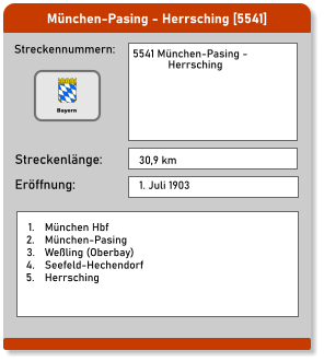 München-Pasing - Herrsching [5541] Streckennummern: Streckenlänge: 5541 München-Pasing -               Herrsching 30,9 km Eröffnung: 1. Juli 1903 	1.	München Hbf 	2.	München-Pasing 	3.	Weßling (Oberbay) 	4.	Seefeld-Hechendorf 	5.	Herrsching  Bayern