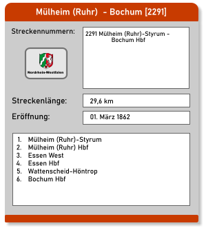 Mülheim (Ruhr)  - Bochum [2291] Streckennummern: Streckenlänge: 2291 Mülheim (Ruhr)-Styrum - Bochum Hbf  29,6 km Eröffnung: 01. März 1862 	1.	Mülheim (Ruhr)-Styrum 	2.	Mülheim (Ruhr) Hbf 	3.	Essen West 	4.	Essen Hbf 	5.	Wattenscheid-Höntrop 	6.	Bochum Hbf Nordrhein-Westfalen