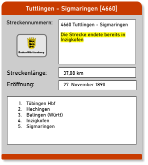 Tuttlingen - Sigmaringen [4660] Streckennummern: Streckenlänge: 4660 Tuttlingen - Sigmaringen  Die Strecke endete bereits in Inzigkofen  37,08 km Eröffnung: 27. November 1890 	1.	Tübingen Hbf 	2.	Hechingen 	3.	Balingen (Württ) 	4.	Inzigkofen 	5.	Sigmaringen  Baden-Württemberg