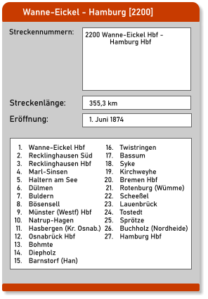 Wanne-Eickel - Hamburg [2200] Streckennummern: Streckenlänge: 2200 Wanne-Eickel Hbf -              Hamburg Hbf  355,3 km Eröffnung: 1. Juni 1874 	1.	Wanne-Eickel Hbf 	2.	Recklinghausen Süd 	3.	Recklinghausen Hbf 	4.	Marl-Sinsen 	5.	Haltern am See 	6.	Dülmen 	7.	Buldern 	8.	Bösensell 	9.	Münster (Westf) Hbf 	10.	Natrup-Hagen 	11.	Hasbergen (Kr. Osnab.) 	12.	Osnabrück Hbf 	13.	Bohmte 	14.	Diepholz 	15.	Barnstorf (Han) 	16.	Twistringen 	17.	Bassum 	18.	Syke 	19.	Kirchweyhe 	20.	Bremen Hbf 	21.	Rotenburg (Wümme) 	22.	Scheeßel 	23.	Lauenbrück 	24.	Tostedt 	25.	Sprötze 	26.	Buchholz (Nordheide) 	27.	Hamburg Hbf