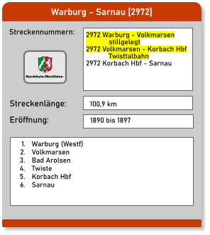 Warburg - Sarnau [2972] Streckennummern: Streckenlänge: 2972 Warburg - Volkmarsen             stillgelegt 2972 Volkmarsen - Korbach Hbf             Twisttalbahn 2972 Korbach Hbf - Sarnau  100,9 km Eröffnung: 1890 bis 1897 	1.	Warburg (Westf) 	2.	Volkmarsen 	3.	Bad Arolsen 	4.	Twiste 	5.	Korbach Hbf 	6.	Sarnau Nordrhein-Westfalen