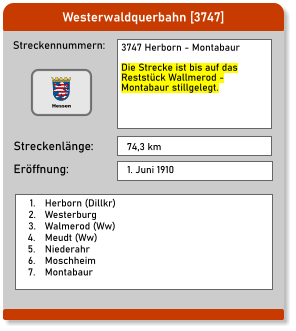 Westerwaldquerbahn [3747] Streckennummern: Streckenlänge: 3747 Herborn - Montabaur  Die Strecke ist bis auf das Reststück Wallmerod - Montabaur stillgelegt.  74,3 km Eröffnung: 1. Juni 1910 	1.	Herborn (Dillkr) 	2.	Westerburg 	3.	Walmerod (Ww) 	4.	Meudt (Ww) 	5.	Niederahr 	6.	Moschheim 	7.	Montabaur Hessen