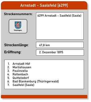 Arnstadt - Saalsfeld [6299] Streckennummern: Streckenlänge: 6299 Arnstadt - Saalfeld (Saale)   47,8 km Eröffnung: 2. Dezember 1895 	1.	Arnstadt Hbf 	2.	Marlishausen 	3.	Paulinzella 	4.	Rottenbach 	5.	Quittelsdorf 	6.	Bad Blankenburg (Thüringerwald) 	7.	Saalfeld (Saale) Thüringen