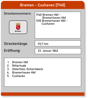 Bremen - Cuxhaven [1740] Streckennummern: Streckenlänge: 1740 Bremen Hbf -  	        Bremerhaven Hbf 1310 Bremerhaven Hbf -        Cuxhaven  113,7 km Eröffnung: 23. Januar 1862 	1.	Bremen Hbf 	2.	Ritterhude 	3.	Osterholz-Scharmbeck 	4.	Bremerhaven Hbf 	5.	Cuxhaven Bremen