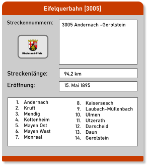 Eifelquerbahn [3005] Streckennummern: Streckenlänge: 3005 Andernach -Gerolstein   94,2 km Eröffnung: 15. Mai 1895 	1.	Andernach 	2.	Kruft 	3.	Mendig 	4.	Kottenheim 	5.	Mayen Ost 	6.	Mayen West 	7.	Monreal 	8.	Kaisersesch 	9.	Laubach-Müllenbach 	10.	Ulmen 	11.	Utzerath 	12.	Darscheid 	13.	Daun 	14.	Gerolstein  Rheinland-Pfalz