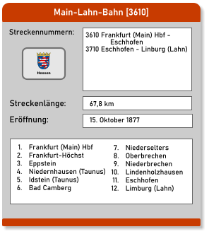 Main-Lahn-Bahn [3610] Streckennummern: Streckenlänge: 3610 Frankfurt (Main) Hbf -               Eschhofen 3710 Eschhofen - Linburg (Lahn)  67,8 km Eröffnung: 15. Oktober 1877 	1.	Frankfurt (Main) Hbf 	2.	Frankfurt-Höchst 	3.	Eppstein 	4.	Niedernhausen (Taunus) 	5.	Idstein (Taunus) 	6.	Bad Camberg 	7.	Niederselters 	8.	Oberbrechen 	9.	Niederbrechen 	10.	Lindenholzhausen 	11.	Eschhofen 	12.	Limburg (Lahn)  Hessen