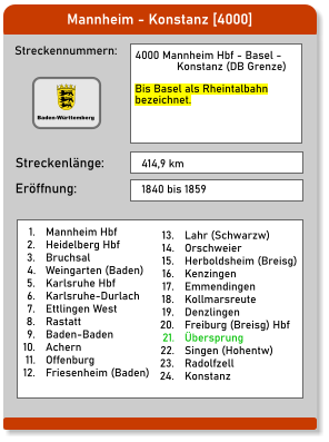 Mannheim - Konstanz [4000] Streckennummern: Streckenlänge: 4000 Mannheim Hbf - Basel -               Konstanz (DB Grenze)  Bis Basel als Rheintalbahn bezeichnet.  414,9 km Eröffnung: 1840 bis 1859 	1.	Mannheim Hbf 	2.	Heidelberg Hbf 	3.	Bruchsal 	4.	Weingarten (Baden) 	5.	Karlsruhe Hbf 	6.	Karlsruhe-Durlach 	7.	Ettlingen West 	8.	Rastatt 	9.	Baden-Baden 	10.	Achern 	11.	Offenburg 	12.	Friesenheim (Baden) 	13.	Lahr (Schwarzw) 	14.	Orschweier 	15.	Herboldsheim (Breisg) 	16.	Kenzingen 	17.	Emmendingen 	18.	Kollmarsreute 	19.	Denzlingen 	20.	Freiburg (Breisg) Hbf 	21.	Übersprung 	22.	Singen (Hohentw) 	23.	Radolfzell 	24.	Konstanz Baden-Württemberg