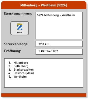 Miltenberg - Wertheim [5224] Streckennummern: Streckenlänge: 5224 Miltenberg - Wertheim  32,8 km Eröffnung: 1. Oktober 1912  	1.	Miltenberg 	2.	Collenberg 	3.	Stadtprozelten 	4.	Hasloch (Main) 	5.	Wertheim Bayern