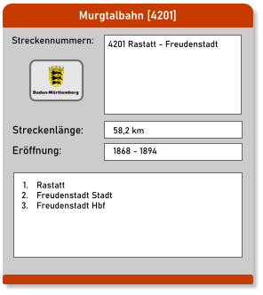 Murgtalbahn [4201] Streckennummern: Streckenlänge: 4201 Rastatt - Freudenstadt  58,2 km Eröffnung: 1868 - 1894 	1.	Rastatt 	2.	Freudenstadt Stadt 	3.	Freudenstadt Hbf Baden-Württemberg